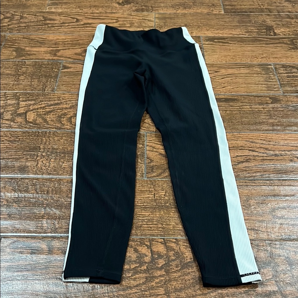 Linc Active Black White Ribbed High Waist Tummy Control Athletic Leggings New